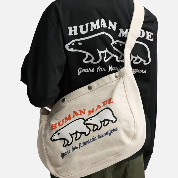 HUMAN MADE Cotton Canvas Messenger Bag, Canvas Bag, Shoulder Bag, Crossbody Bag Regular Unisex White-3