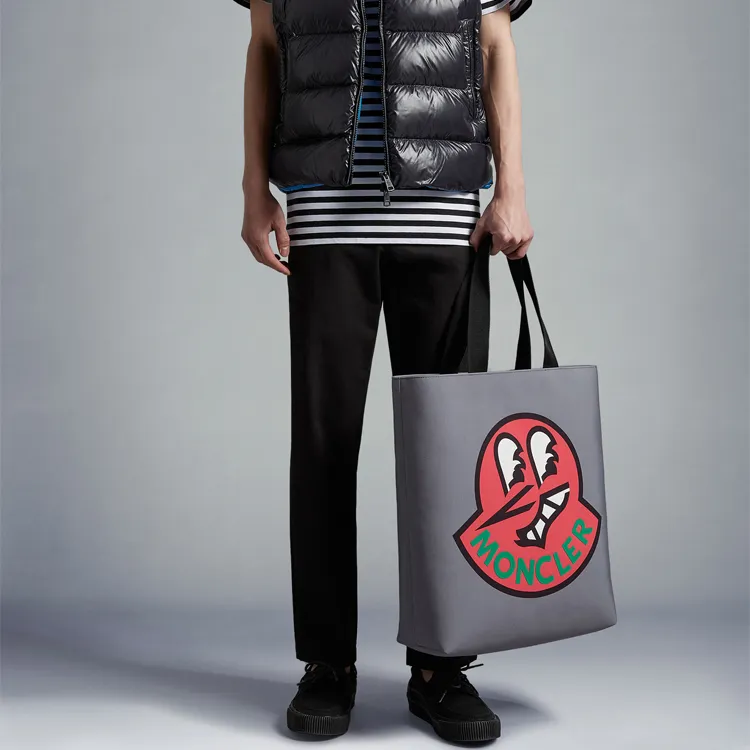 Moncler Canvas Canvas Bag Tote Bag Shopping Bag Shoulder Bag Handbag Men's Gray-5