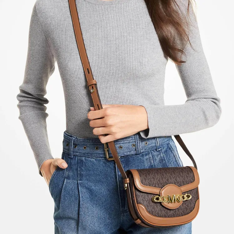 MICHAEL KORS Hally Cow Leather Saddle Bag, Crossbody Bag, Shoulder Bag Women's Brown Black Multicolor-3