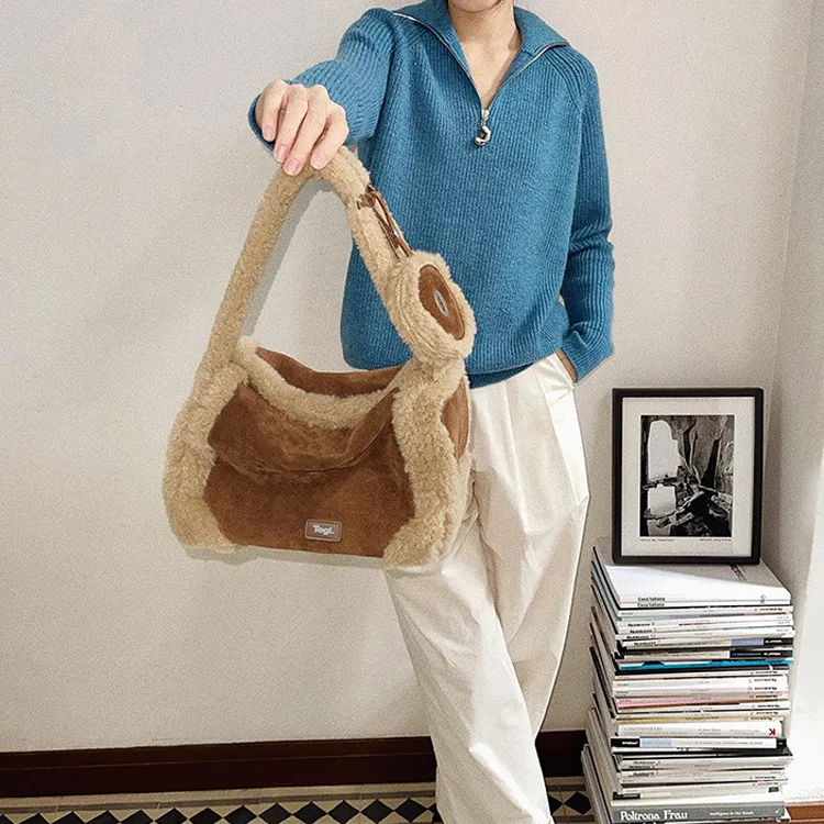 Tagi. Woolen One Shoulder Handbag Small Size Women's QuicheBlock Lamb Pine Wood-6