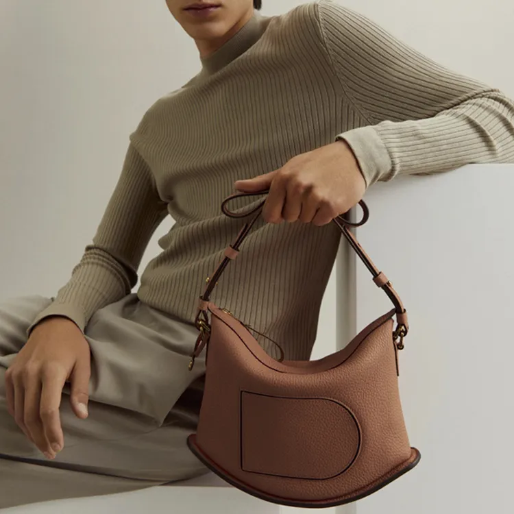 Delvau Pin Textured Soft Calfskin Shoulder Bag Crossbody Bag Handbag Regular Women's Brown-4