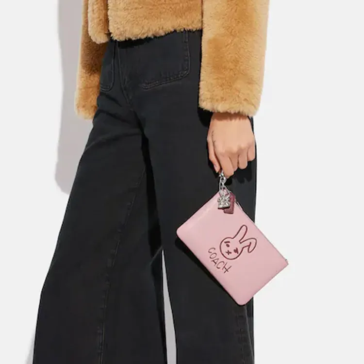 COACH Wristlet Pebbled Leather Wrist Bag Clutch Small Size Women's Pink-4
