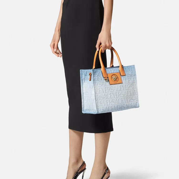 VERSACE La Medusa Cotton With Calfskin Tote Bag Shopping Bag One Shoulder Handbag Women's Blue White Gradient-4