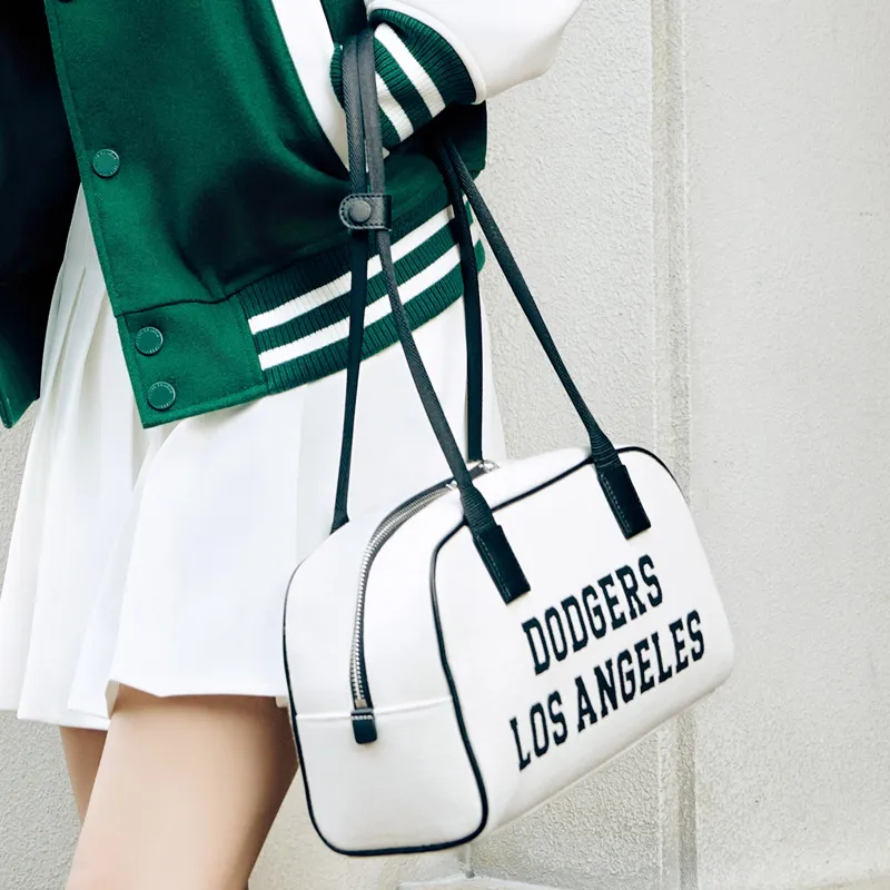 MLB Artificial Leather Shoulder Bag Shoulder Bag Toast Bowling Bag Unisex Cream White-5