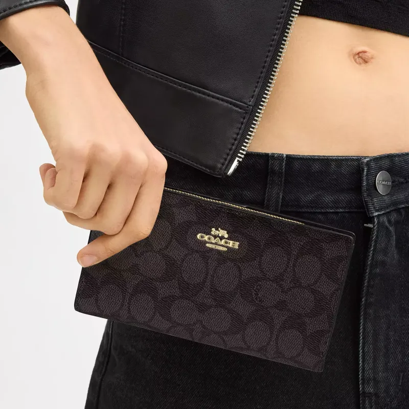 COACH SignatureCanvas Coated Canvas Wallet Trumpets Women's Walnut Wood & Black-2