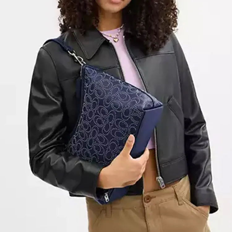 COACH LAUREL Leather Handbag, Shoulder Bag Women's Black Vintage Nickel & Marine Blue-3