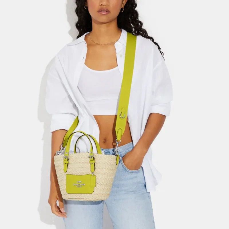 COACH Straw Woven With Leather Tote Bag, Shopping Bag, Tote Handbag Medium Size Women's Light Khaki & Green-3