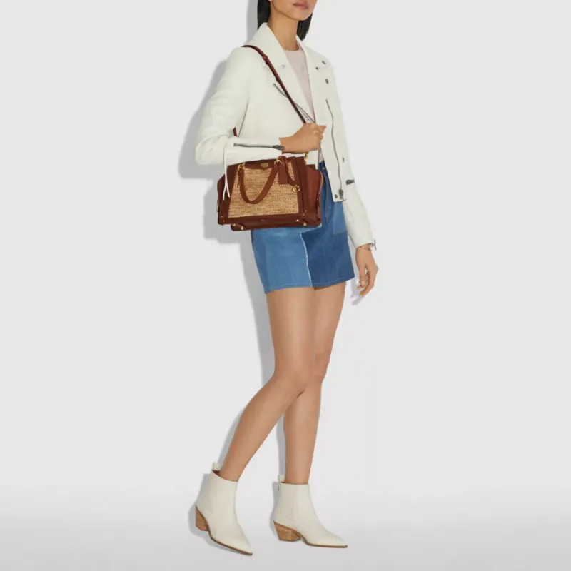 COACH Dreamer Straw Woven With Calfskin Handbag Shoulder Bag Crossbody Bag Large Size Women's Brown And Yellow-4