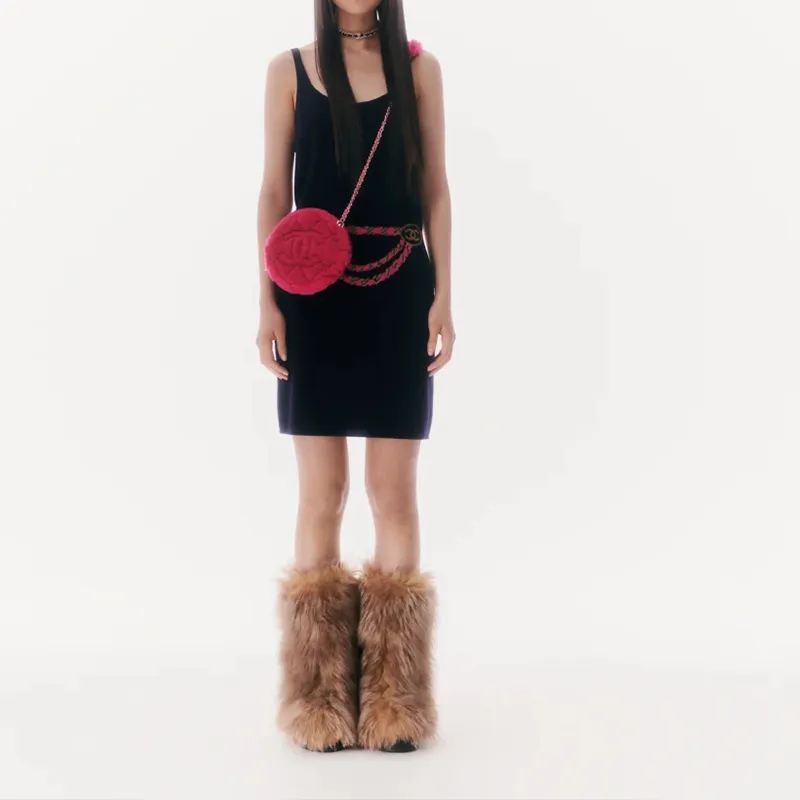 CHANEL Shearling Sheepskin Camera Bag, Crossbody Bag, Shoulder Bag Women's Peach Pink-4