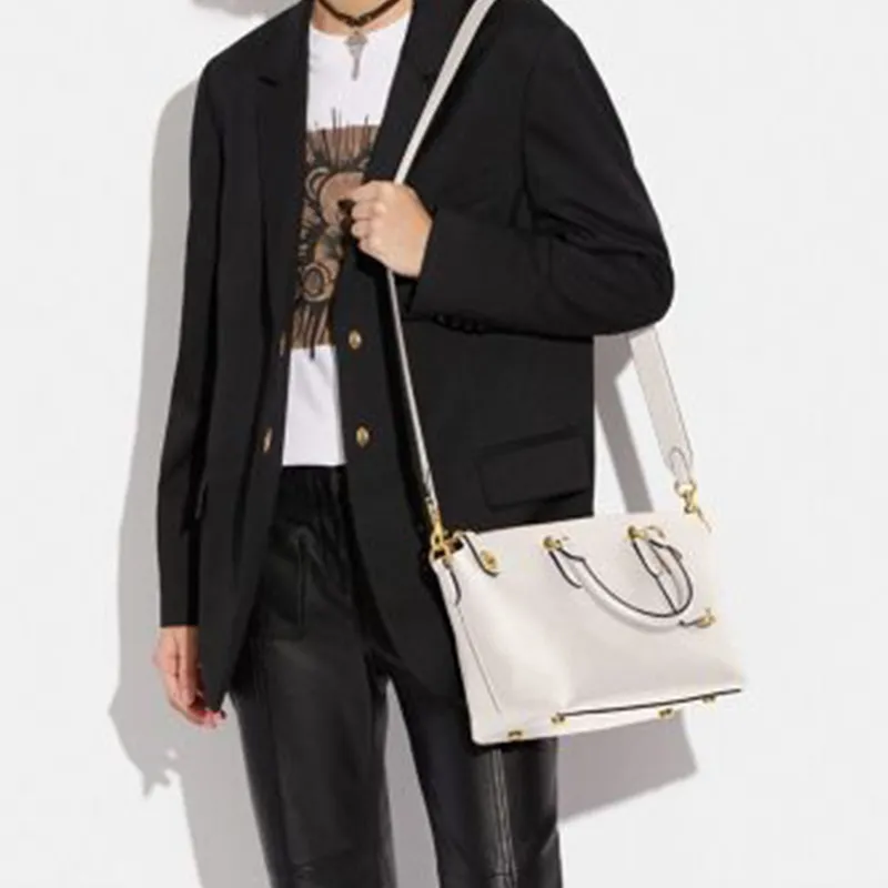 COACH Cara Pebbled Leather Briefcase, Shoulder Bag, Crossbody Bag Tubas Women's Chalk White-4
