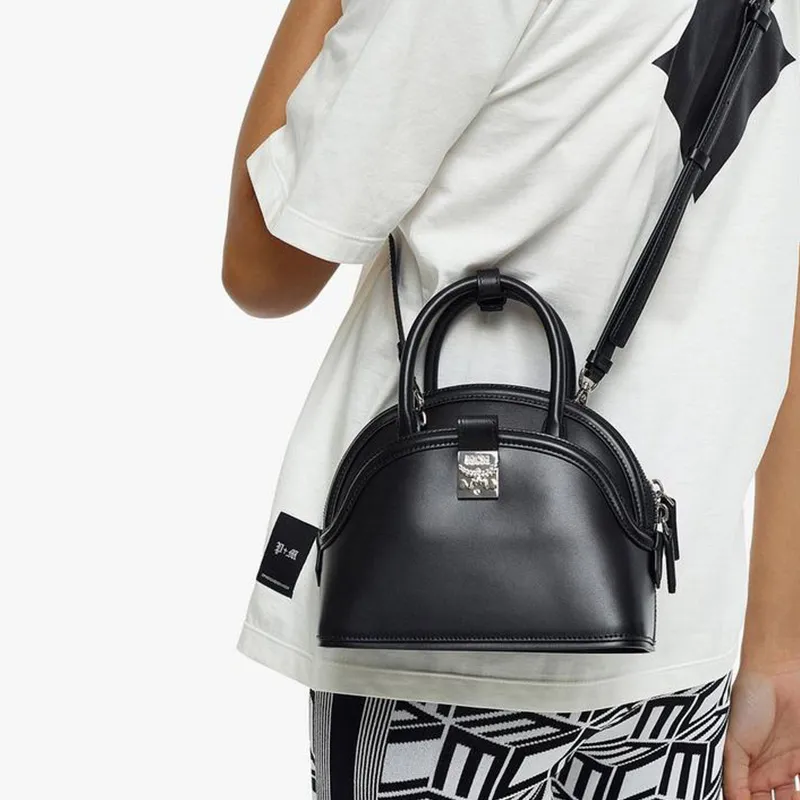 MCM Anna Visetos Cow Leather Shoulder Bag Crossbody Bag Handbag Small Size Women's Black-4