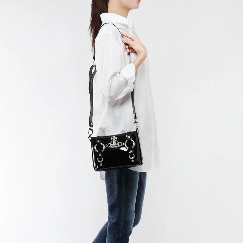 Vivienne Westwood Leather, Patent Leather Messenger Bag, Shoulder Bag, Crossbody Bag Women's Black-4