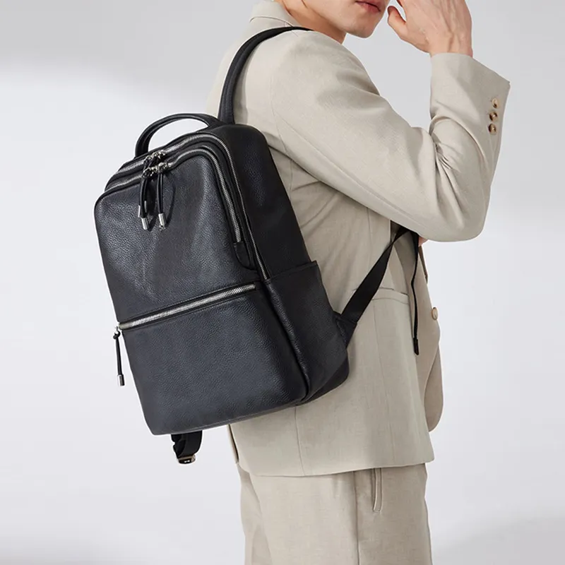 Hush Puppies Top Grain Cow Leather Backpack Large Size Men's Black-4