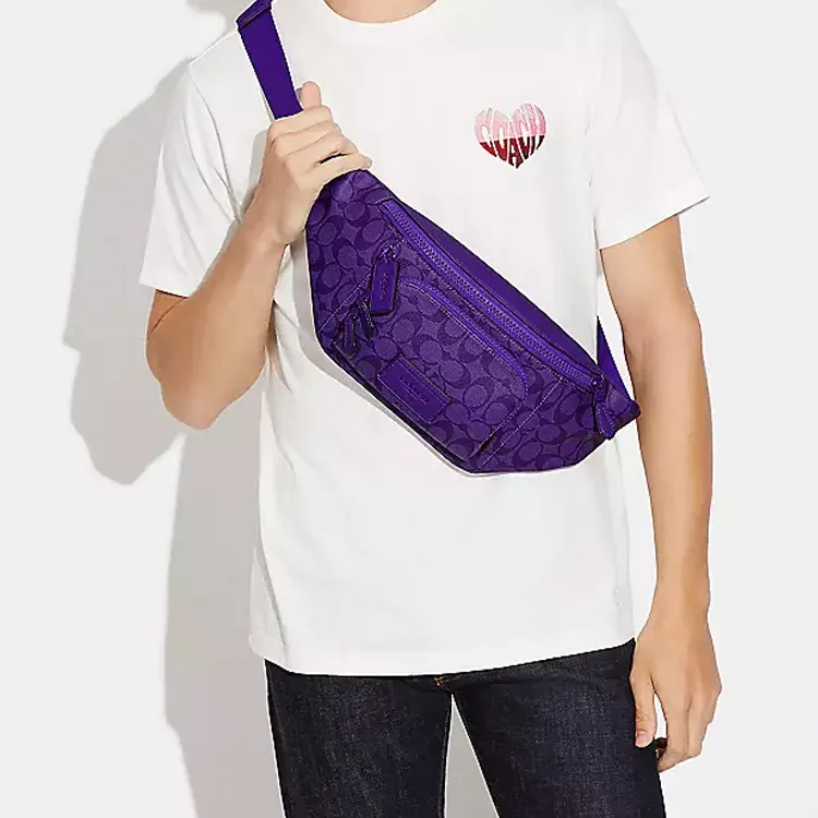 COACH Track Coated Canvas With Calfskin Sling Bag Fanny Pack Large Size Women's Purple-4