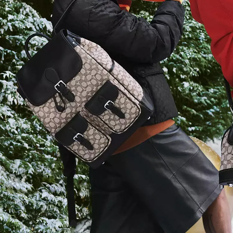 COACH Frankie Fabric Cow Leather Patchwork Drawstring Bag Backpack Large Size Men's Gray & Black-3