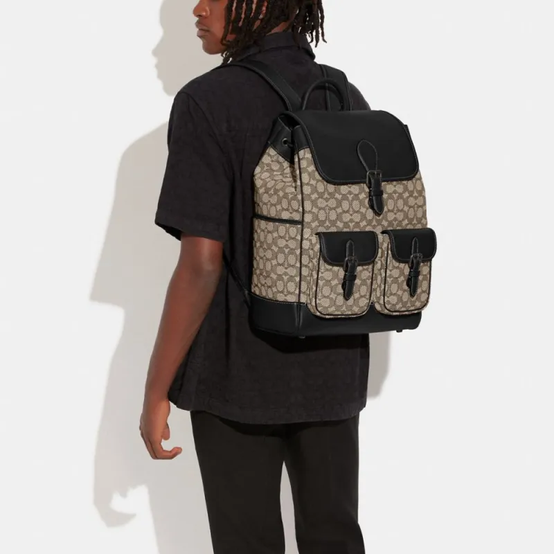 COACH Frankie Fabric Cow Leather Patchwork Drawstring Bag Backpack Large Size Men's Gray & Black-4