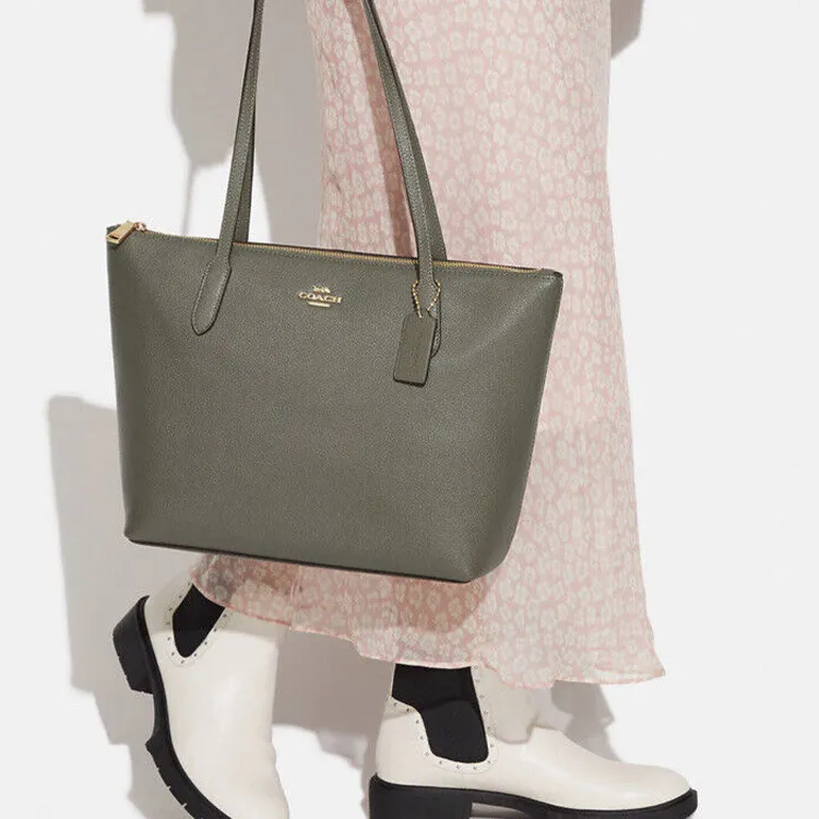 COACH Zip Top Tote Pebbled Leather Tote Bag, Shopping Bag, Handbag, Shoulder Bag Women's Army Green-4