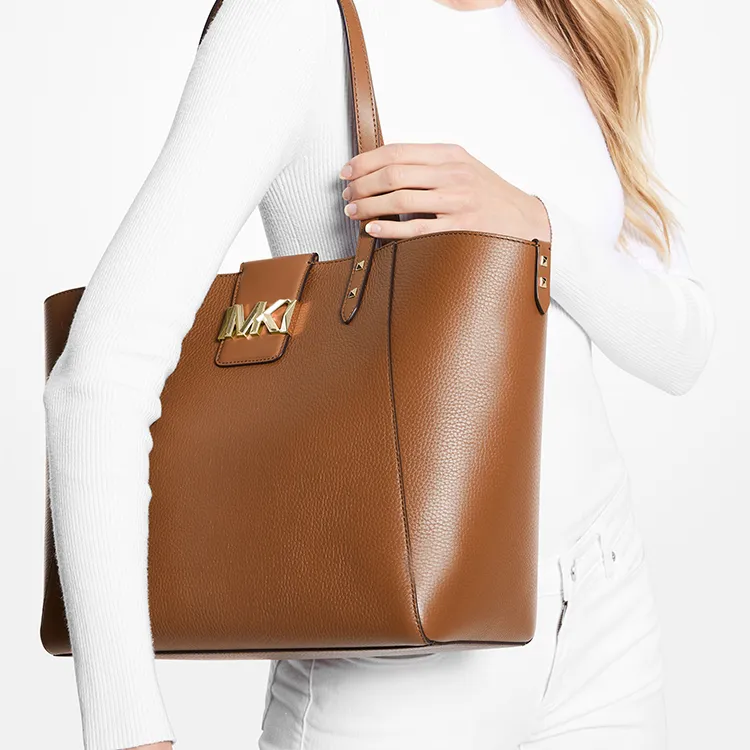 MICHAEL KORS Karlie Leather Tote Bag, Shopping Bag, Shoulder Bag, Handbag Large Size Women's Light Umber-4