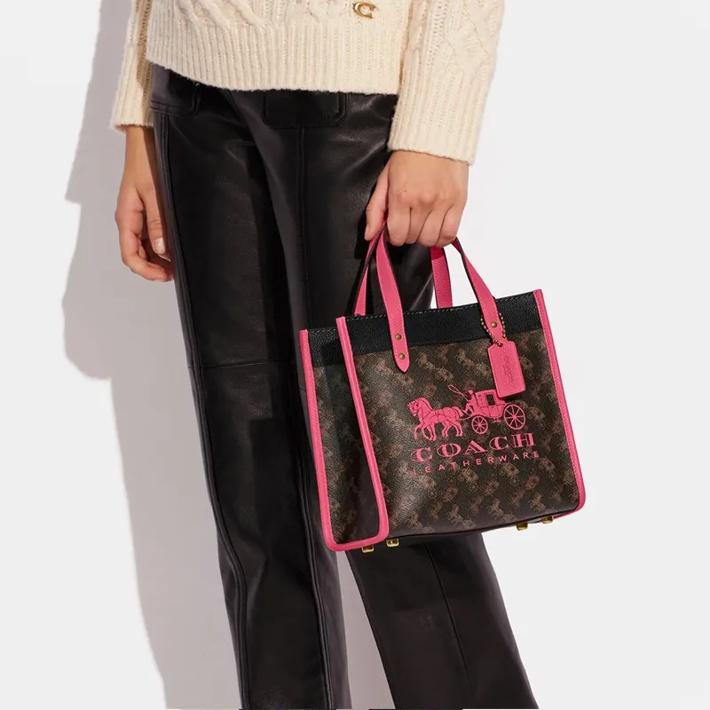 COACH Field Leather Tote Bag Shopping Bag Shoulder Bag Crossbody Bag Handbag Small Size Women's Brown & Pink Multicolor-4