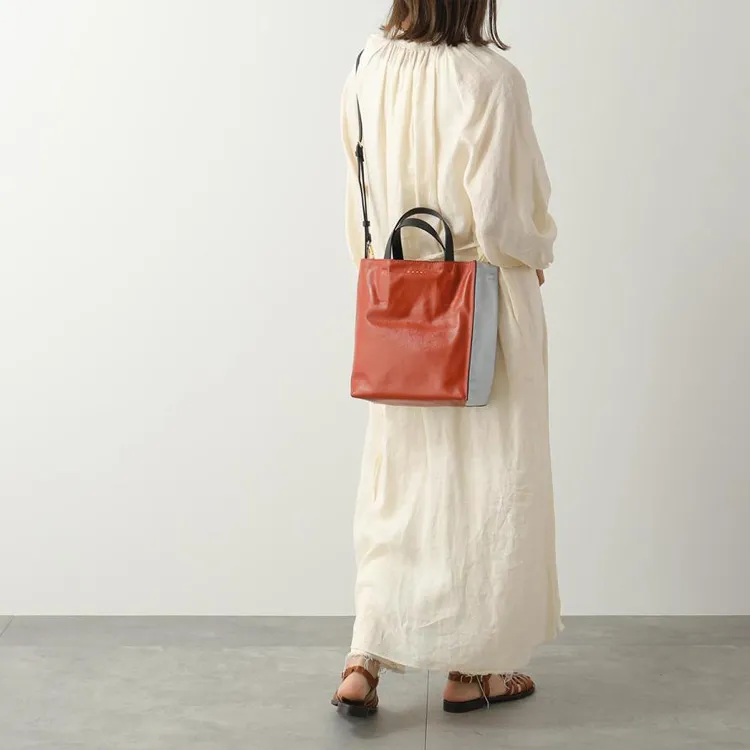 MARNI Cow Leather One Shoulder Tote Bag, Shopping Bag, Crossbody Bag, Handbag, Clutch Women's Orange-3