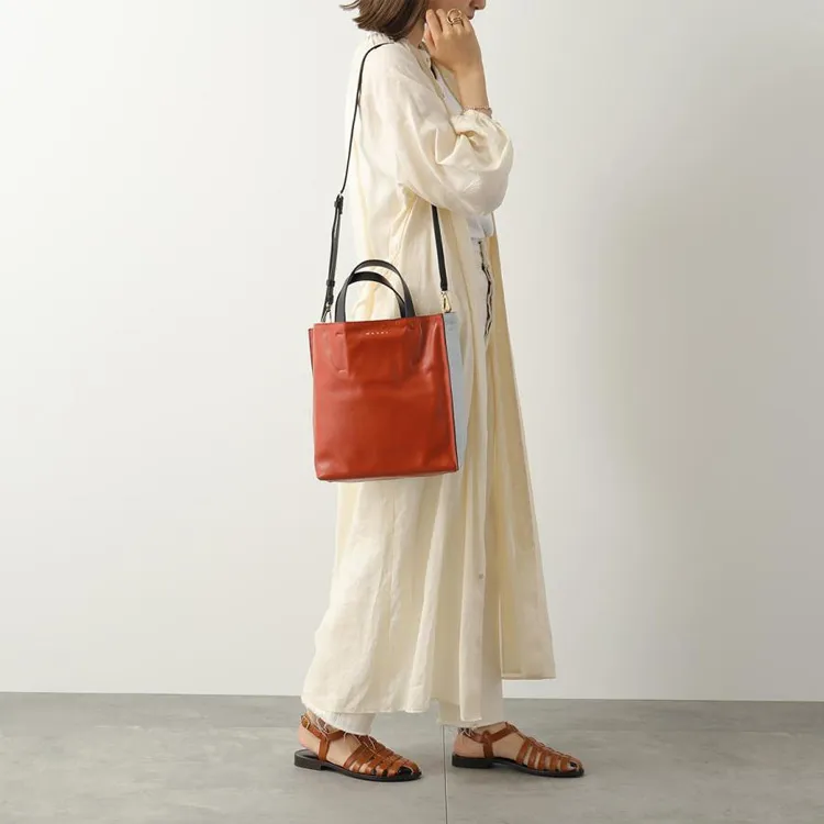 MARNI Cow Leather One Shoulder Tote Bag, Shopping Bag, Crossbody Bag, Handbag, Clutch Women's Orange-4
