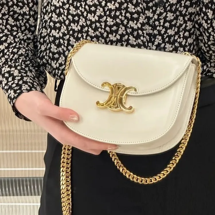CELINE TriompheBesace Shiny Calfskin Crossbody Bag Shoulder Bag Women's White-7