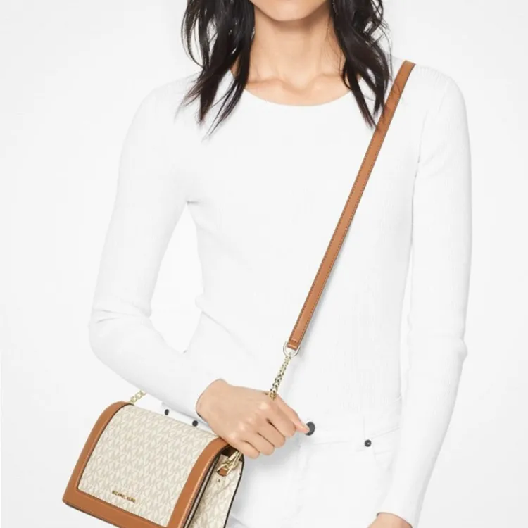 MICHAEL KORS Jet Set Travel Canvas Shoulder Bag, Crossbody Bag Large Size Women's Vanilla & Brown-4