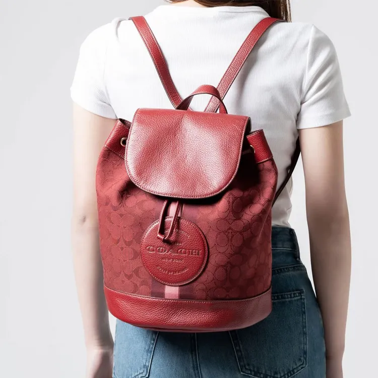 COACH Dempsey Fabric With Pebbled Leather Accents Backpack Medium Size Women's Apple Red-4