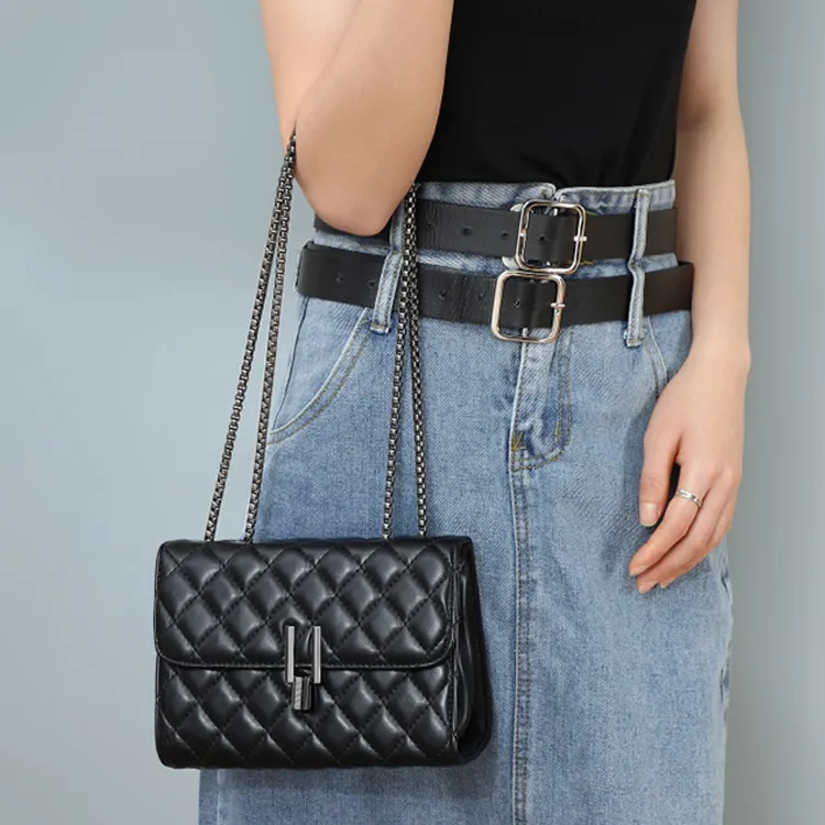 C°BANNER Cow Leather Small Square Bag With Diamond Pattern, Chain Bag, Crossbody Bag Regular Women's Black-1