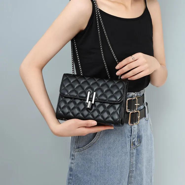 C°BANNER Cow Leather Small Square Bag With Diamond Pattern, Chain Bag, Crossbody Bag Regular Women's Black-3
