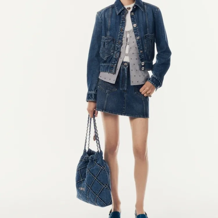 CHANEL 22Bag Denim & Metal Bucket Bag, Shoulder Bag, Crossbody Bag Trumpets Women's Blue-5