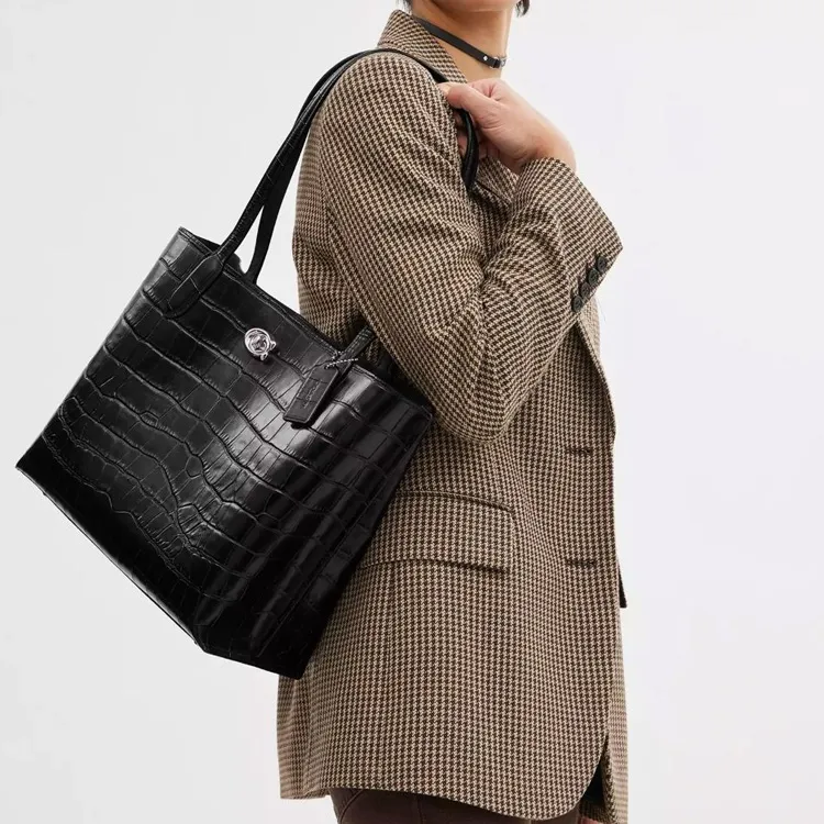 COACH Willow Leather Tote Bag, Shopping Bag Women's Silver & Black-4