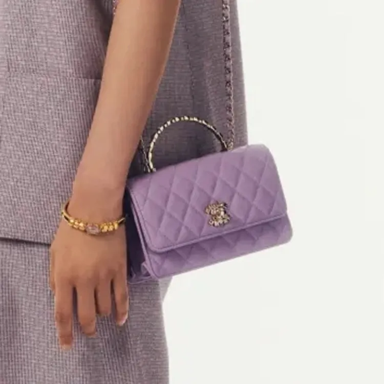 CHANEL Lambskin Rhinestone Gold Metal Handbag, Shoulder Bag, Crossbody Bag Women's Light Purple-5