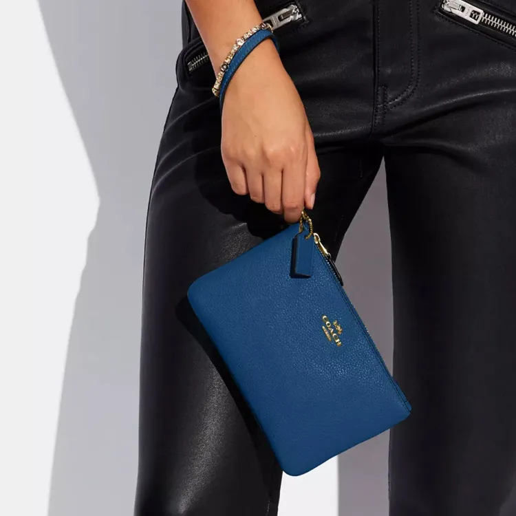 COACH Wristlet Cow Leather Clutch Wrist Bag Small Size Women's Blue-3