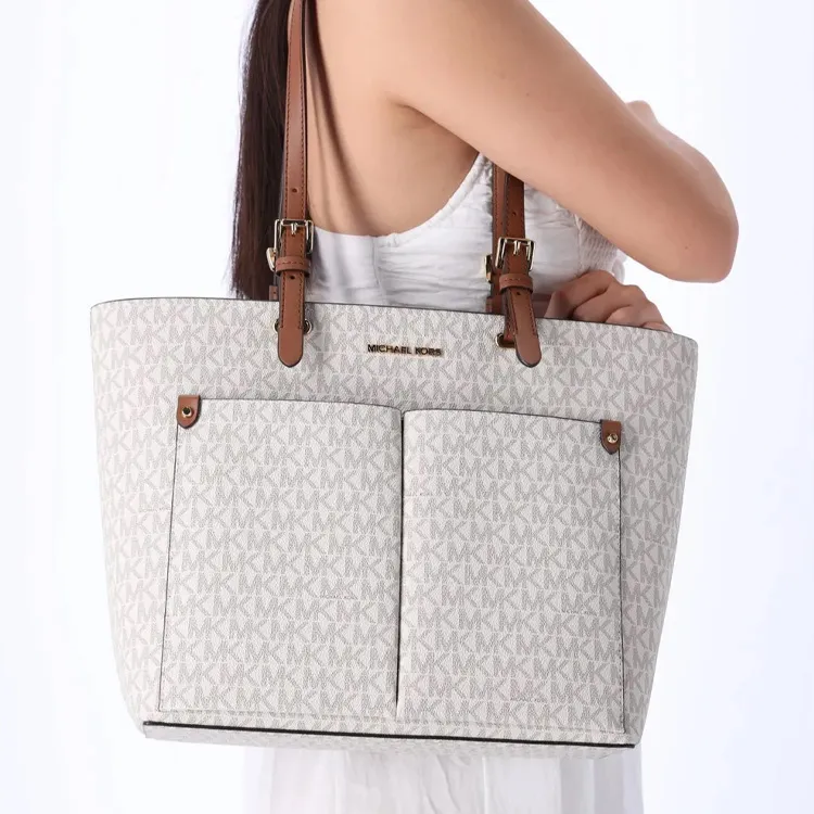 MICHAEL KORS Jet Set Coated Canvas Tote Bag Shopping Bag Shoulder Bag Handbag Medium Size Women's Vanilla White & Brown-3
