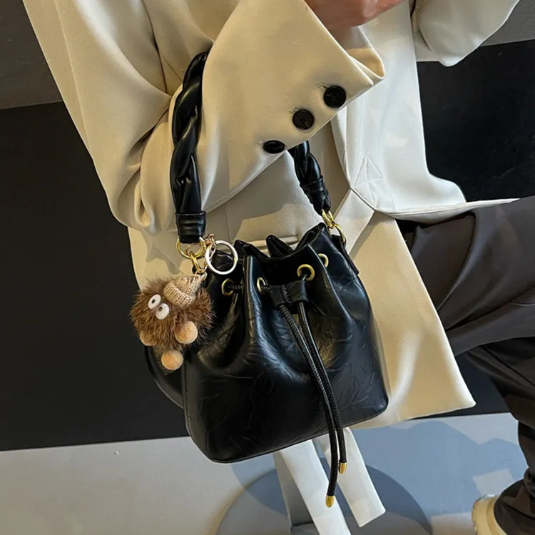 NOMK PU Bucket Bag, Underarm Bag, Shoulder Bag, Handbag Regular Women's Black/Ecru-3