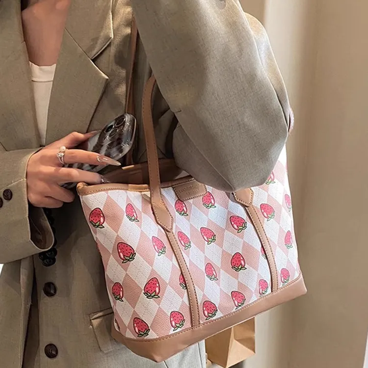 NOMK PU Tote Bag, Shopping Bag, Shoulder Bag Women's Pink/Khaki-7