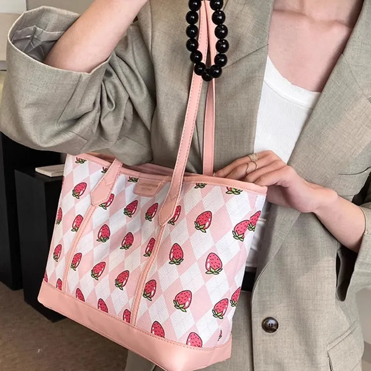 NOMK PU Tote Bag, Shopping Bag, Shoulder Bag Women's Pink/Khaki-2