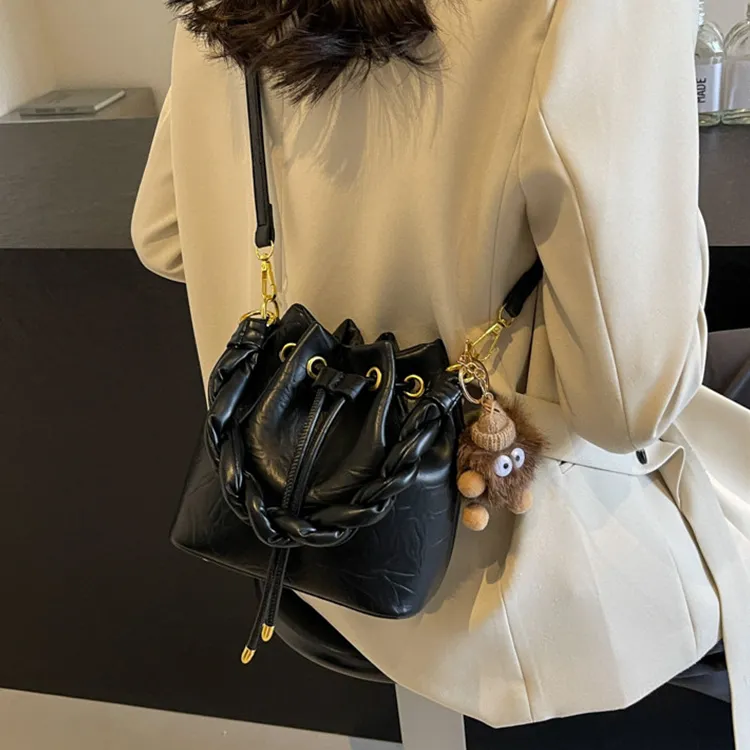 NOMK PU Bucket Bag, Underarm Bag, Shoulder Bag, Handbag Regular Women's Black/Ecru-2