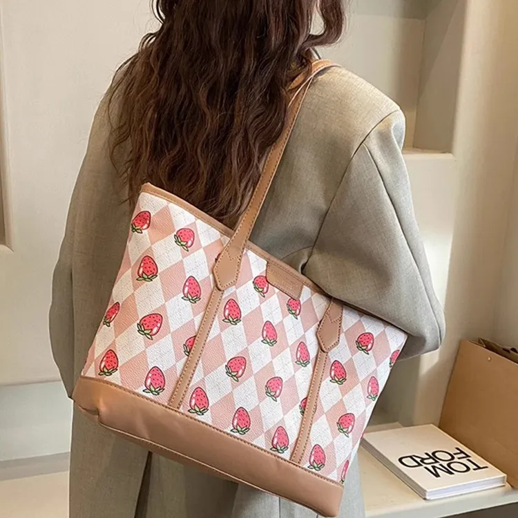 NOMK PU Tote Bag, Shopping Bag, Shoulder Bag Women's Pink/Khaki-6