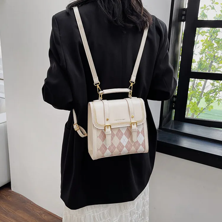 Dusen Kangaroo PU Backpack Small Backpack Shoulder Bag Crossbody Bag Handbag Medium Size Women's Ecru/Black/Pink/Coffee-6