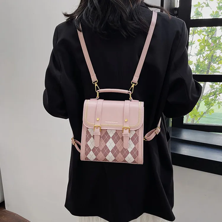 Dusen Kangaroo PU Backpack Small Backpack Shoulder Bag Crossbody Bag Handbag Medium Size Women's Ecru/Black/Pink/Coffee-17