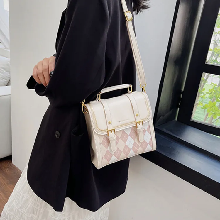 Dusen Kangaroo PU Backpack Small Backpack Shoulder Bag Crossbody Bag Handbag Medium Size Women's Ecru/Black/Pink/Coffee-3
