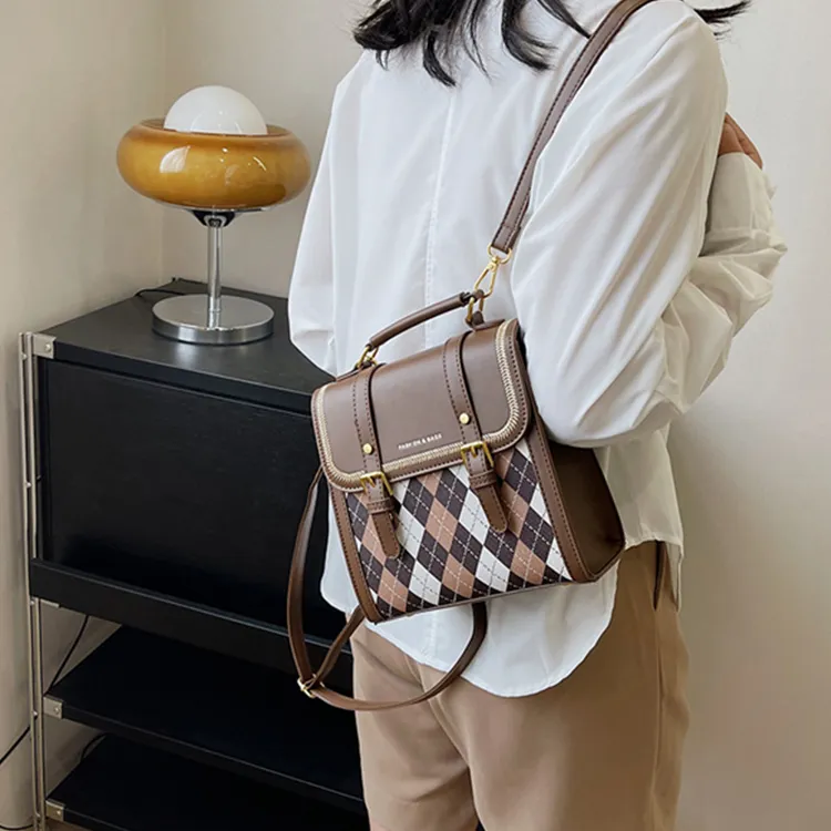Dusen Kangaroo PU Backpack Small Backpack Shoulder Bag Crossbody Bag Handbag Medium Size Women's Ecru/Black/Pink/Coffee-27