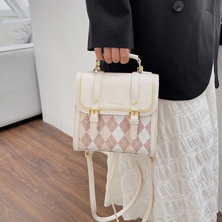 Dusen Kangaroo PU Backpack Small Backpack Shoulder Bag Crossbody Bag Handbag Medium Size Women's Ecru/Black/Pink/Coffee-4