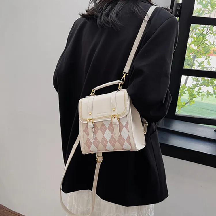 Dusen Kangaroo PU Backpack Small Backpack Shoulder Bag Crossbody Bag Handbag Medium Size Women's Ecru/Black/Pink/Coffee-1