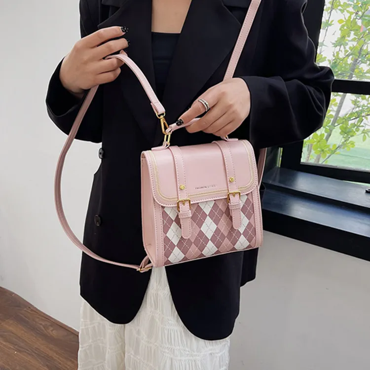 Dusen Kangaroo PU Backpack Small Backpack Shoulder Bag Crossbody Bag Handbag Medium Size Women's Ecru/Black/Pink/Coffee-21