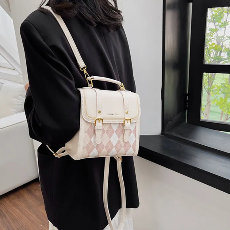 Dusen Kangaroo PU Backpack Small Backpack Shoulder Bag Crossbody Bag Handbag Medium Size Women's Ecru/Black/Pink/Coffee-5