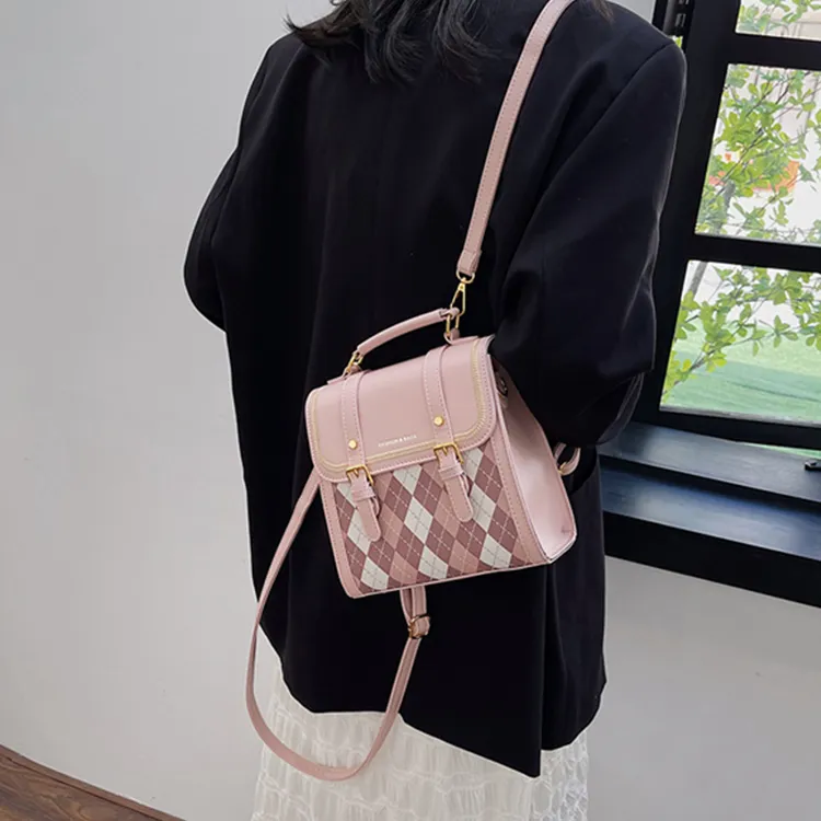Dusen Kangaroo PU Backpack Small Backpack Shoulder Bag Crossbody Bag Handbag Medium Size Women's Ecru/Black/Pink/Coffee-23
