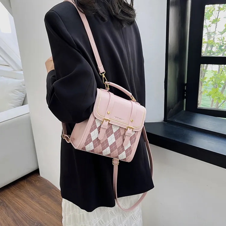 Dusen Kangaroo PU Backpack Small Backpack Shoulder Bag Crossbody Bag Handbag Medium Size Women's Ecru/Black/Pink/Coffee-19
